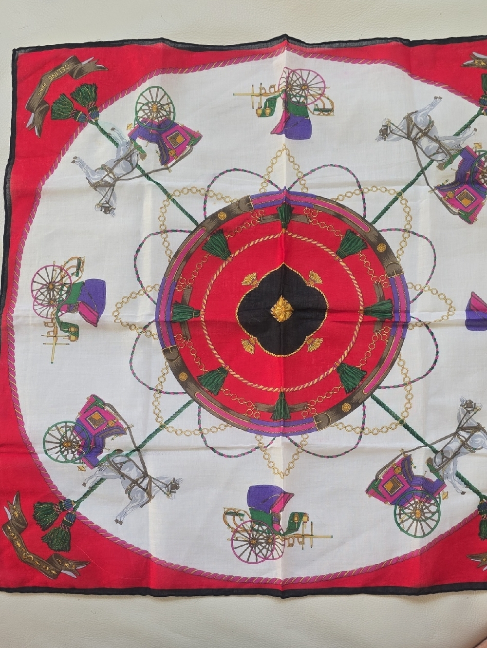 Celine Red, White & Gold Carriage Print Silk Scarf